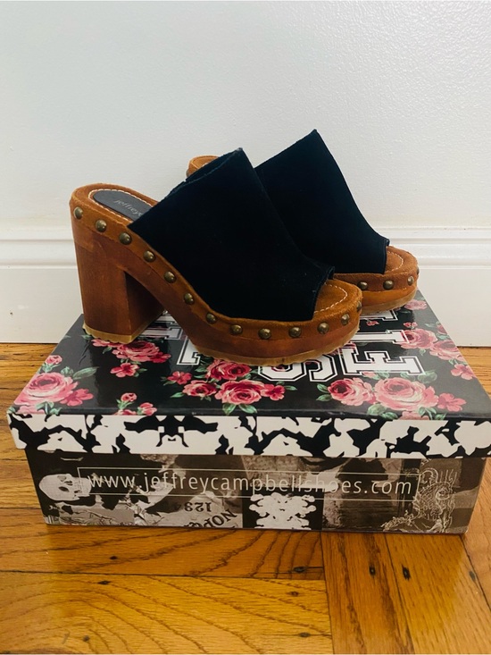 Jeffrey Campbell Shoes - Jeffrey Campbell Black Suede Upper with Brown Wooden Platform Clogs